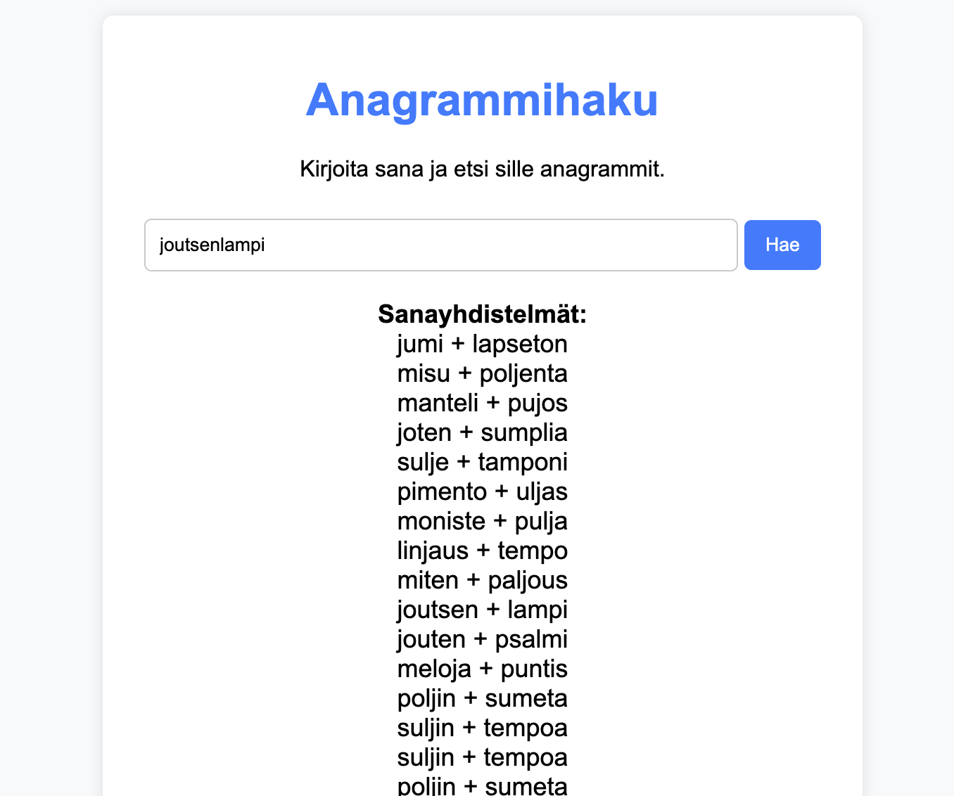 Kuvakaappaus anagrammihaku-sovelluksesta