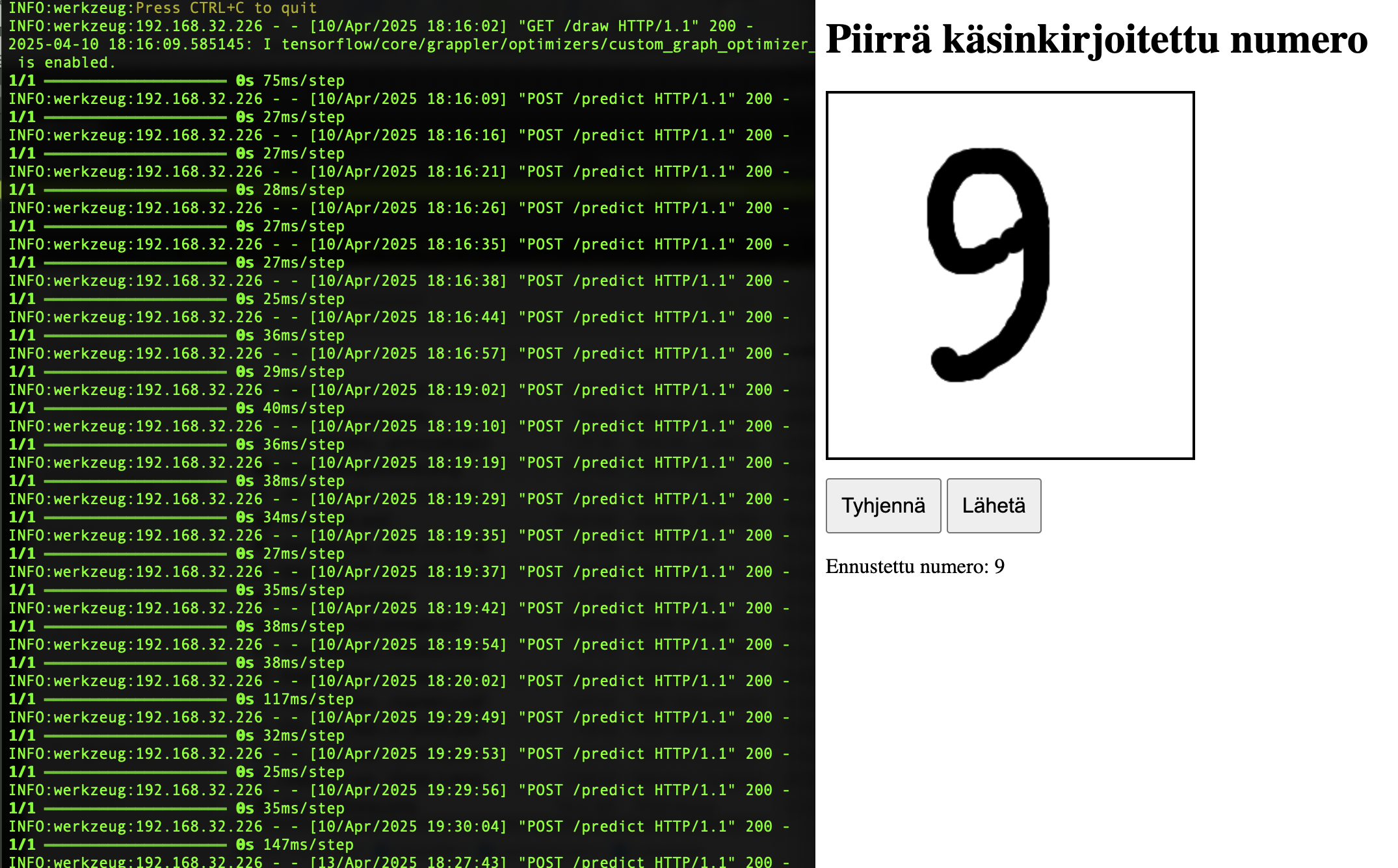 Kuva käsin piiretystä numerosta ja sen alla neuroverkon tulkinta siitä mikä numero on kyseessä